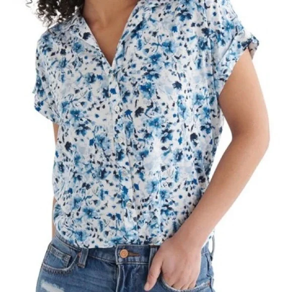 Lucky Brand indigo watercolor button down top - Picture 1 of 9
